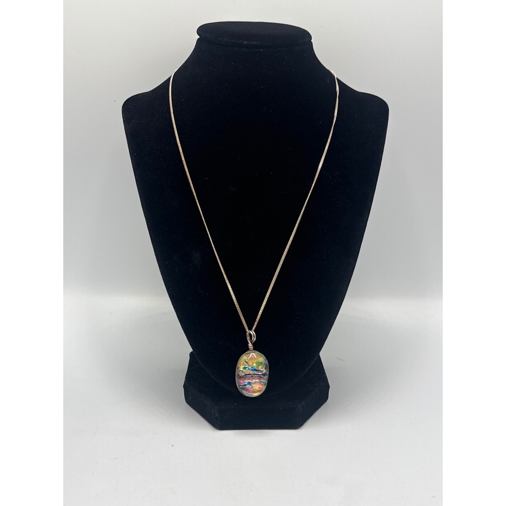 Dichroic Glass Iridescent Oval Pendant Necklace Sterling Silver 925 Italy Chain